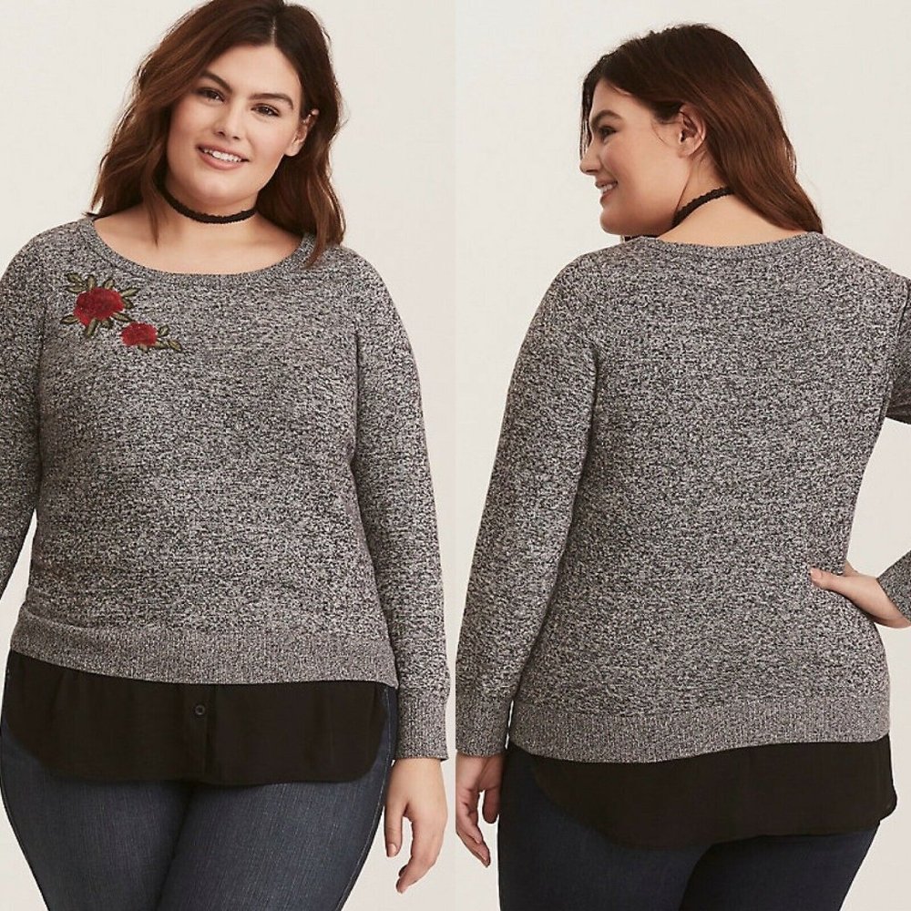 Torrid NWT 3X BLACK & WHITE MARLED EMBROIDERED CHIFFON TRIM SWEATER Plus Size